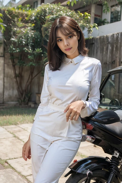 A young sweet beatiful bogor city girl, 21 years old, very slim body, slim thighs, slim buttocks, small size beautiful sexy breasts, georgeous sweet oval face, descent mixed from sundanese and arabic javanese, big turkish hawk nose, big beatiful round eyes, bold uper eyelid, long and bold eyelashes, thin sensual uper lip, her face identical same as indonesian 70's movie star named ida royani, black redish straight thin short hairs with a bangs, smart ex high college girl, people nutrition expert, standing eroticaly spreading wide both legs on back yard in the morning, wearing white long sleeve all buttoned dress, wearing white trousers, wearing rubber sandals, very detail, very natural, very super realistic, sweet smiling to us, front view, normal hands and legs shape,