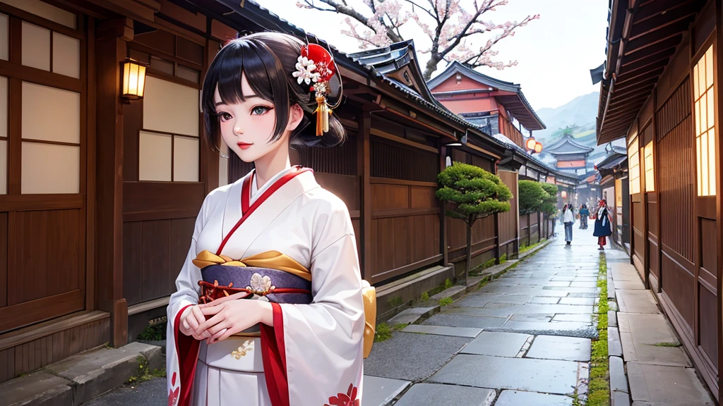 A young maiko (apprentice geisha) in an exquisite traditional kimono, gracefully dancing on a cobblestone street in Kyoto’s historic hanamachi district. The scene is set in the early morning light, with a serene and hopeful atmosphere. The maiko’s kimono features vivid, detailed floral patterns, and she is adorned with traditional white makeup and red lipstick. Her hair is styled in an intricate coiffure with beautiful kanzashi hairpins. Around her, the street is quiet, lined with old wooden machiya houses, with cherry blossoms gently falling in the background. The overall image captures the beauty and dedication of her journey, blending tradition with dreams.