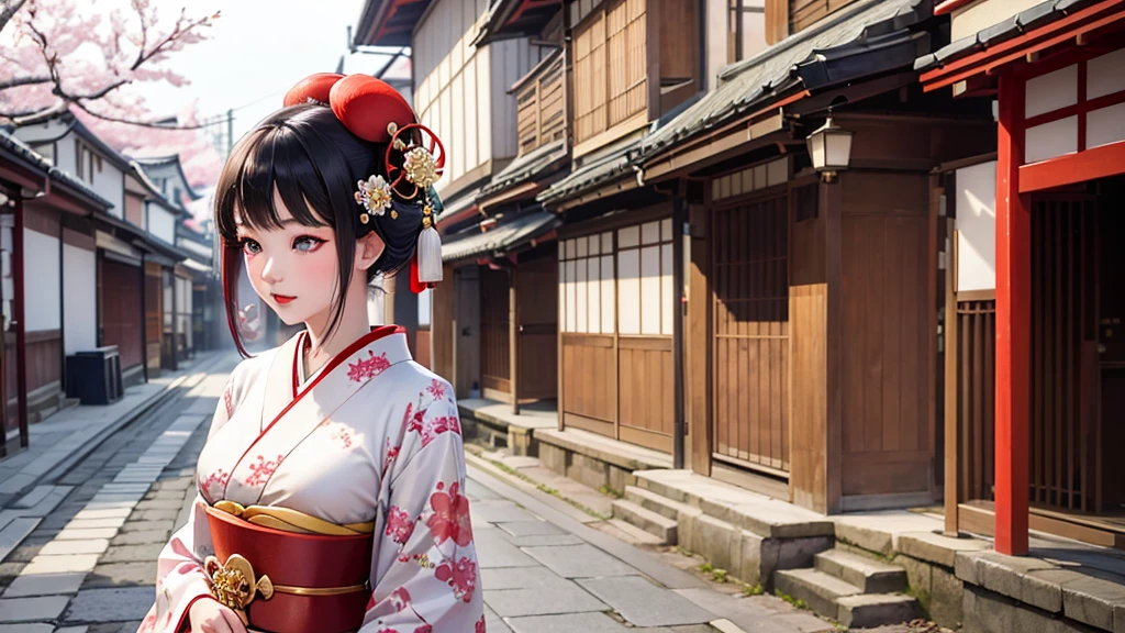 A young maiko (apprentice geisha) in an exquisite traditional kimono, gracefully dancing on a cobblestone street in Kyoto’s historic hanamachi district. The scene is set in the early morning light, with a serene and hopeful atmosphere. The maiko’s kimono features vivid, detailed floral patterns, and she is adorned with traditional white makeup and red lipstick. Her hair is styled in an intricate coiffure with beautiful kanzashi hairpins. Around her, the street is quiet, lined with old wooden machiya houses, with cherry blossoms gently falling in the background. The overall image captures the beauty and dedication of her journey, blending tradition with dreams.