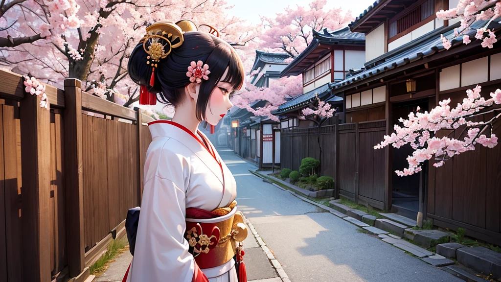 A young maiko (apprentice geisha) in an exquisite traditional kimono, gracefully dancing on a cobblestone street in Kyoto’s historic hanamachi district. The scene is set in the early morning light, with a serene and hopeful atmosphere. The maiko’s kimono features vivid, detailed floral patterns, and she is adorned with traditional white makeup and red lipstick. Her hair is styled in an intricate coiffure with beautiful kanzashi hairpins. Around her, the street is quiet, lined with old wooden machiya houses, with cherry blossoms gently falling in the background. The overall image captures the beauty and dedication of her journey, blending tradition with dreams.