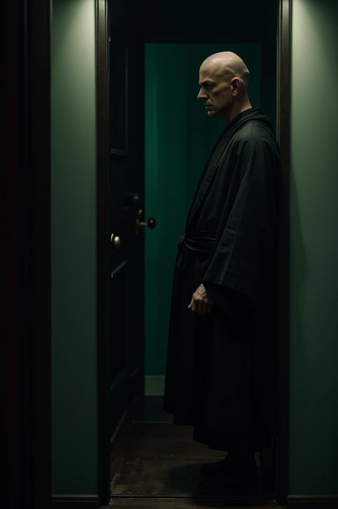 Horror movie shoots a creepy man,No hair bald head, ,,Back Shadow,,Wearing a dirty black robe,Standing alone at the door of the house at night, the rule of thirds, Tonal color scheme, pastel green, Contemplative silence, Bokeh, Mystery, Horror, unholy, eerie, Creepy, Moody lighting, In the style of Denis Villeneuve, cinematic Film still from, cine still 800