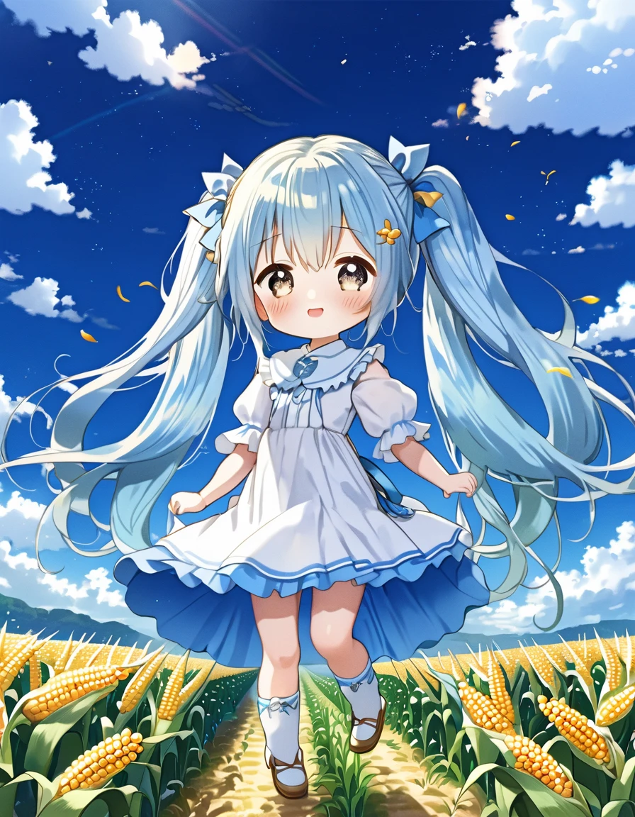 blue sky、White cloud、A field of corn、Light blue long hair、Cute chibi character with twin tails、I'm happy to be surrounded by corn.、A little character is eating corn、A kernel of corn on his cheek、Delicious smile、T-shirt and denim shorts