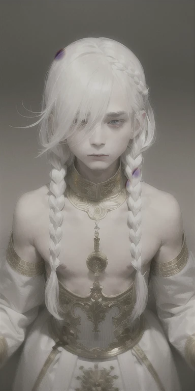 best qualityer, work of art,White hair, gold eyes,white clothes, looking up, trunk,lock of hair,skin fair,side braids, naughty man, male, 8K