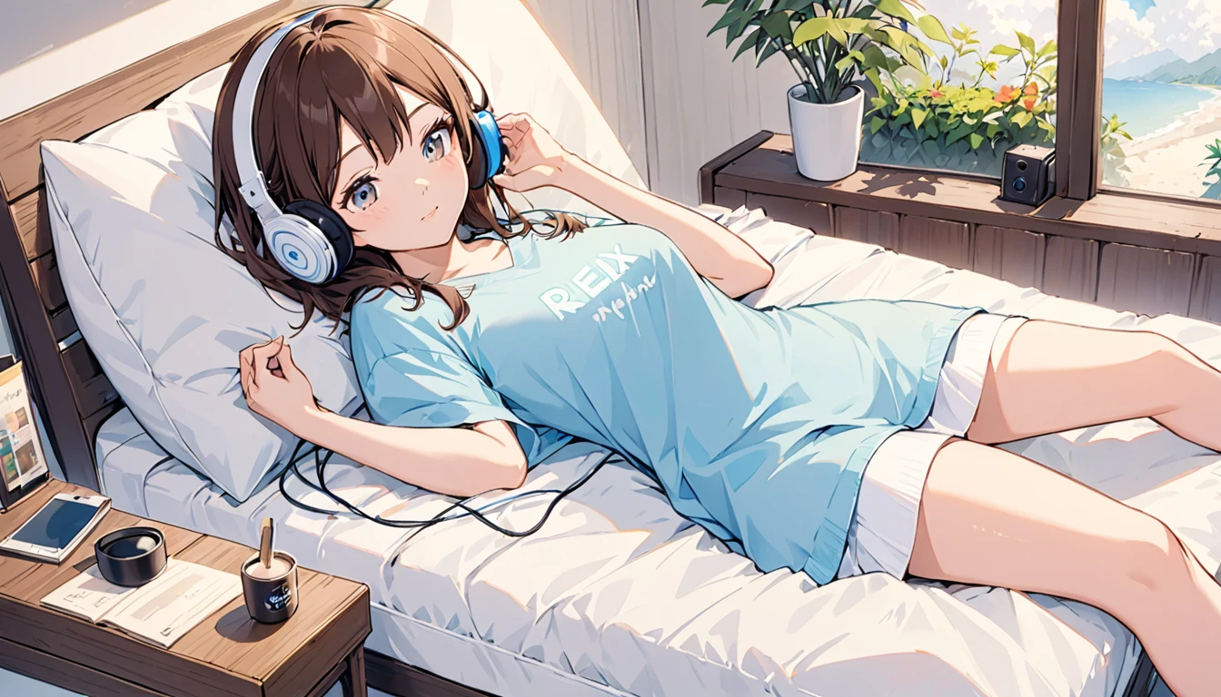 Girl wearing headphones,relaxして寝ている,Brown Hair,One girl,Eyes closed,relax