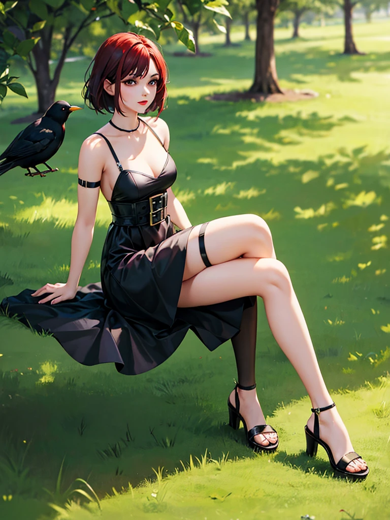 Blackbird, sitting on the grass, short sequin dress, apple green high heel sandals with knee straps, sensual red lipstick, shapely legs