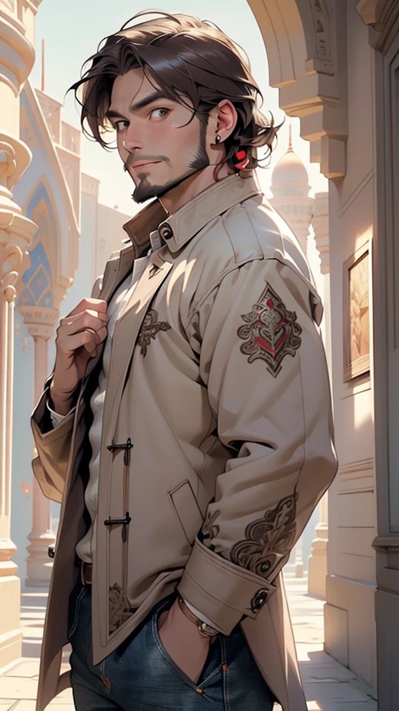 (male:1.5), muscle, 1boy, big muscle, pectoral, muscular, Mature man,45 year old man,adult,1 man, old macho man,an extremely detailed face, (((brown_eyes:1.3))),intricate eyes,beautiful detailed eyes,symmetrical eyes,short hair,(((red very short beard, red very short beard))), brown eyes, red hair,perfect face, red hair, nice hair style,(perfect hands, five fingers), ((detailed face)),
smile,
(ultra-detailed:1.3), beautiful detailed glow, finely detailed, ultra-detailed,
arabian,elegant,
(open coat, arabian fashion,arabian coat, jeans,white shirt, masculine features, modern style,arabian clothes),(((dark brown coat, dark brown coat outfit, wearing a dark brown coat:1.3,arabian dark brown coat))),(arabian jewelry,intricate necklace),((bulge in pants)),(((intricate outfit,intricate clothes,ornate outfit))),
(dynamic pose:1.0),embarrassed,(centered,scale to fit dimensions,Rule of thirds),
indoors,(huge columns of an Arab palace,arab palace,arab palace background),scenery,extremely scenery,arab style,
(Glossy winter ornaments),highres,sharp focus,(ultra detailed,extremely detailed),(photorealistic artwork:1.37),(extremely detailed CG unity 8k wallpaper),(((vibrant colors,vibrant theme))),(intricate),(masterpiece),(best quality),artistic photography,(photography taken by sldr),(intricate background),perfect rendered face,perfect face details,realistic face,photo realistic,((intricate detail)),(((realism))),