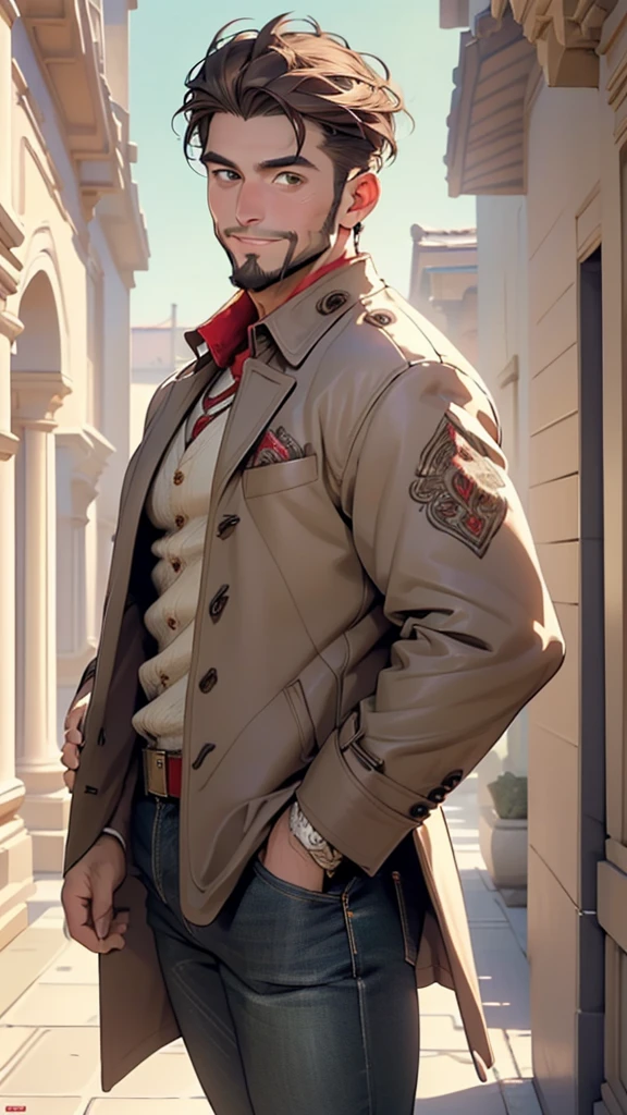 (male:1.5), muscle, 1boy, big muscle, pectoral, muscular, Mature man,45 year old man,adult,1 man, old macho man,an extremely detailed face, (((brown_eyes:1.3))),intricate eyes,beautiful detailed eyes,symmetrical eyes,short hair,(((red very short beard, red very short beard))), brown eyes, red hair,perfect face, red hair, nice hair style,(perfect hands, five fingers), ((detailed face)),
smile,
(ultra-detailed:1.3), beautiful detailed glow, finely detailed, ultra-detailed,
arabian,elegant,
(open coat, arabian fashion,arabian coat, jeans,white shirt, masculine features, modern style,arabian clothes),(((dark brown coat, dark brown coat outfit, wearing a dark brown coat:1.3,arabian dark brown coat))),(arabian jewelry,intricate necklace),((bulge in pants)),(((intricate outfit,intricate clothes,ornate outfit))),
(dynamic pose:1.0),embarrassed,(centered,scale to fit dimensions,Rule of thirds),
indoors,(huge columns of an Arab palace,arab palace,arab palace background),scenery,extremely scenery,arab style,
(Glossy winter ornaments),highres,sharp focus,(ultra detailed,extremely detailed),(photorealistic artwork:1.37),(extremely detailed CG unity 8k wallpaper),(((vibrant colors,vibrant theme))),(intricate),(masterpiece),(best quality),artistic photography,(photography taken by sldr),(intricate background),perfect rendered face,perfect face details,realistic face,photo realistic,((intricate detail)),(((realism))),