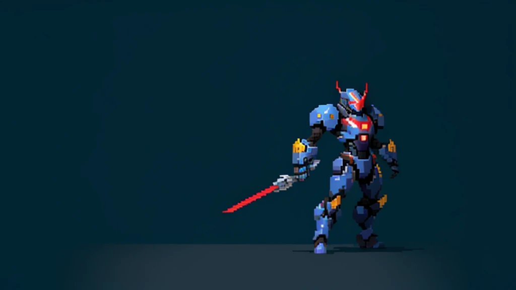 pixel art, humanoid dark blue mecha robot character with giant limbs using a cloak and floating like ironman, from sidescroller game