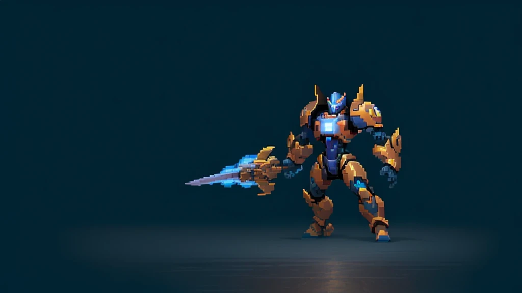 pixel art, humanoid dark blue mecha robot character with giant limbs using a cloak and floating like ironman, from sidescroller game