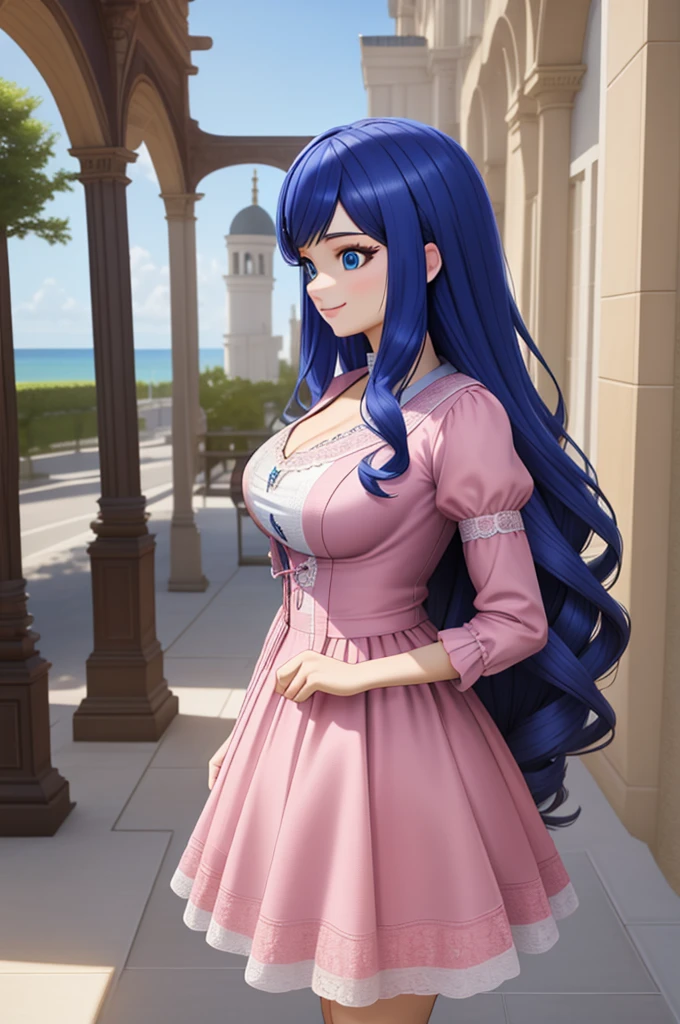(8k, RAW photo, best quality, masterpiece:1.2), (intricate details), perfect eyes, perfect face, perfect lighting, beautiful, (masterpiece:1.2), (best quality:1.2), 1girl, solo, Marinette, blue hair, ((long loosen hair)), adult torso, 19 years old, slight smile, huge sized breasts, (pink dress), cowboy shot, 3DMM, standing, front view