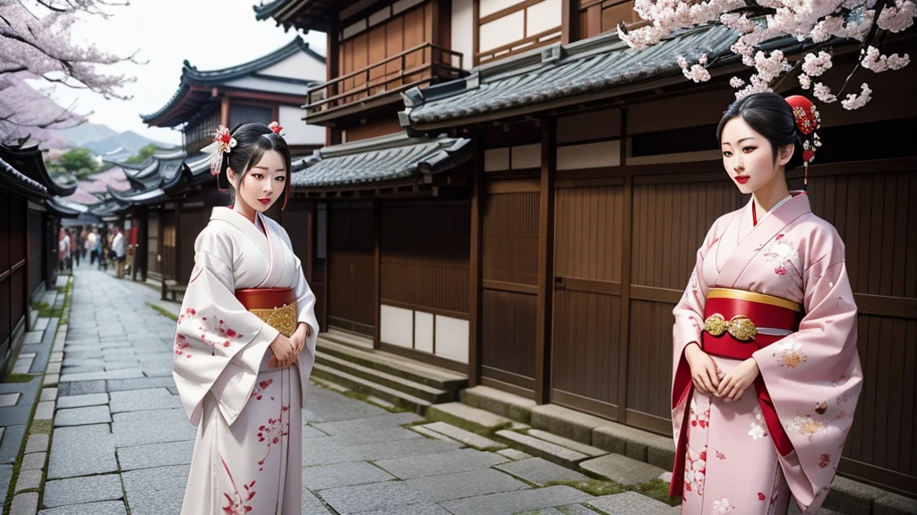 A young maiko (apprentice geisha) in an exquisite traditional kimono, gracefully dancing on a cobblestone street in Kyoto’s historic hanamachi district. The scene is set in the early morning light, with a serene and hopeful atmosphere. The maiko’s kimono features vivid, detailed floral patterns, and she is adorned with traditional white makeup and red lipstick. Her hair is styled in an intricate coiffure with beautiful kanzashi hairpins. Around her, the street is quiet, lined with old wooden machiya houses, with cherry blossoms gently falling in the background. The overall image captures the beauty and dedication of her journey, blending tradition with dreams.