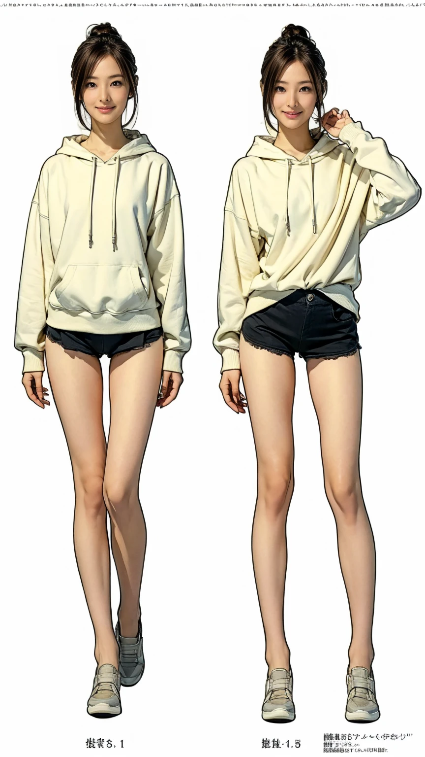 ((masterpiece)),(((Highest quality))),((Character design sheet)), Thin thighs,Long legs,18 year old Japanese girl, Cute type,The best smile:1.5、white long hoodie:1.5, Black panties peek:1.5,Short cut side wave ,