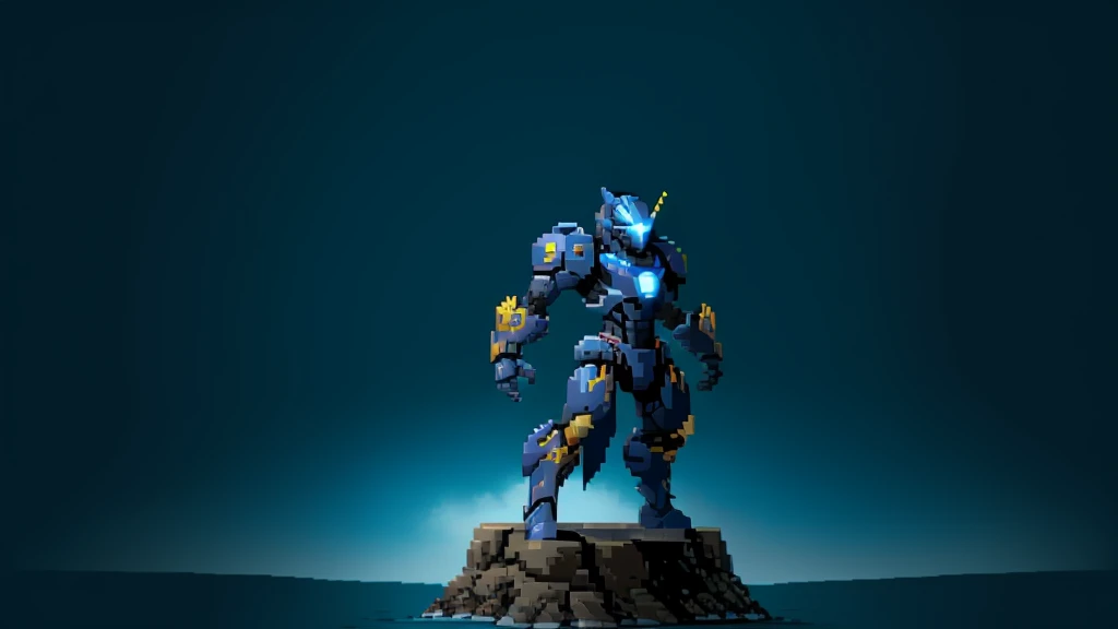 ultra detailed, game protagonist, pixel art, humanoid dark blue mecha robot character with giant limbs using a cloak and floating like ironman, from sidescroller game