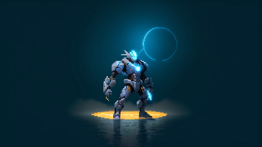 ultra detailed, game protagonist, pixel art, humanoid dark blue mecha robot character with giant limbs using a cloak and floating like ironman, from sidescroller game