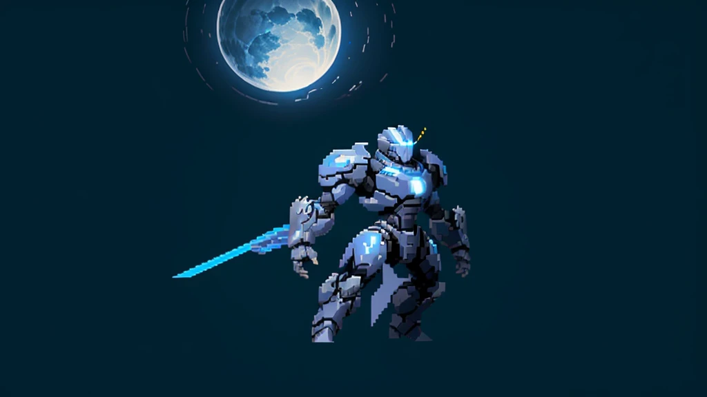 ultra detailed, game protagonist, pixel art, humanoid dark blue mecha robot character with giant limbs using a cloak and floating like ironman, from sidescroller game