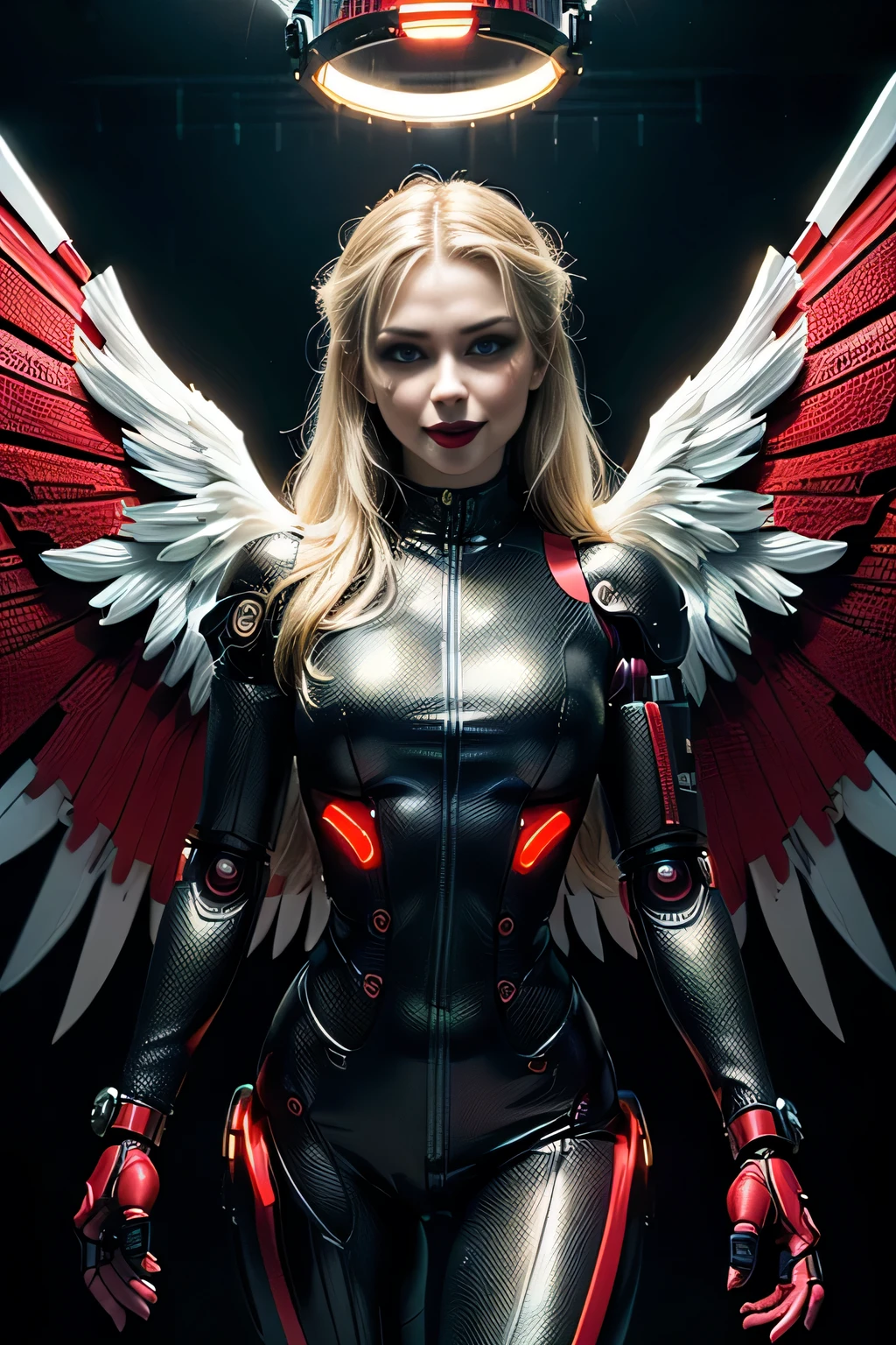 (masterpiece, photorealistic:1.4, extremely intricate:1.3, radiosity, photon mapping, dtx, 8K), ((((solo, 1girl) athletic assassin, (albino, albino, smirking, black lipstick, (red platinum mechanical arm, cyborg, machine metal angel wings)), black chrome halo), makeup:1.0)), dark room, dark background, black background, solo
