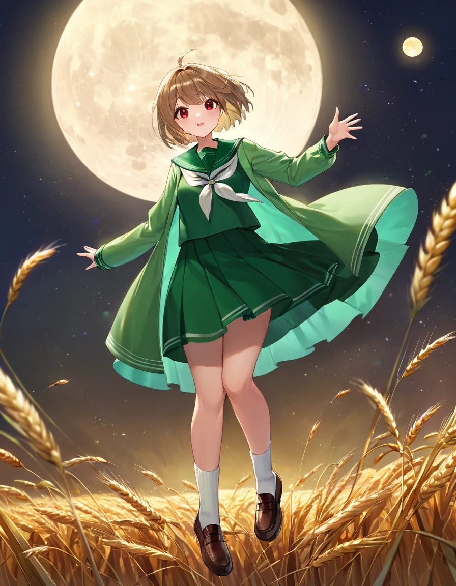 Highest quality, masterpiece, Ultra-high resolution, One girl,
bionde、Smooth Hair、Two-tone hair、Bobcut、Red Eyes、Sparkling Eyes、Detailed eyes、Slanted Eyes、Tanned, wheat-colored skin、Brown Skin、Traditional deep green sailor suit、White socks、loafers、whole body、Low - Angle、Fanning angles、Fantastic scene、Standing with your legs apart、Arms crossed、Confident expression、The full moon appears to be the same size as the large white body.