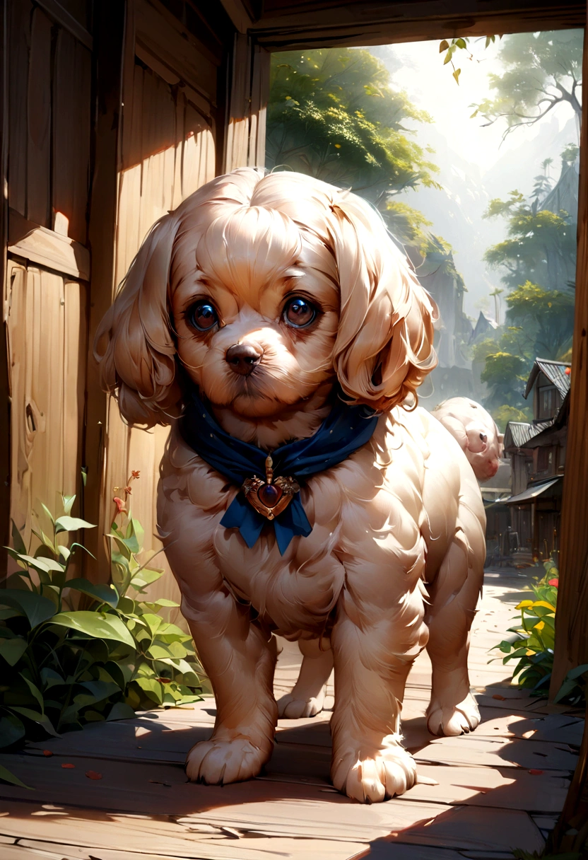 Nice digital painting, Beautifully detailed digital art, Award-winning creature portraits, Realistic illustrations, Highly detailed 4K digital art, Highly detailed and realistic, 非常にDetailed digital painting, 非常にDetailed digital painting, 非常にDetailed digital painting, Surreal fantasy art, Detailed digital painting, toy poodle, Beautiful face, Highest quality:1.2),(masterpiece:1.2),(Realistically:1.2),Close-up photo,Realistic small dog looking at camera,Trees along the street々,a very cute puppy,Soft volume light,(View your viewers:1.3),(Light from the rear window causes backlighting:1.3), (Cinema Lighting:1.2),Intricate details,masterpiece