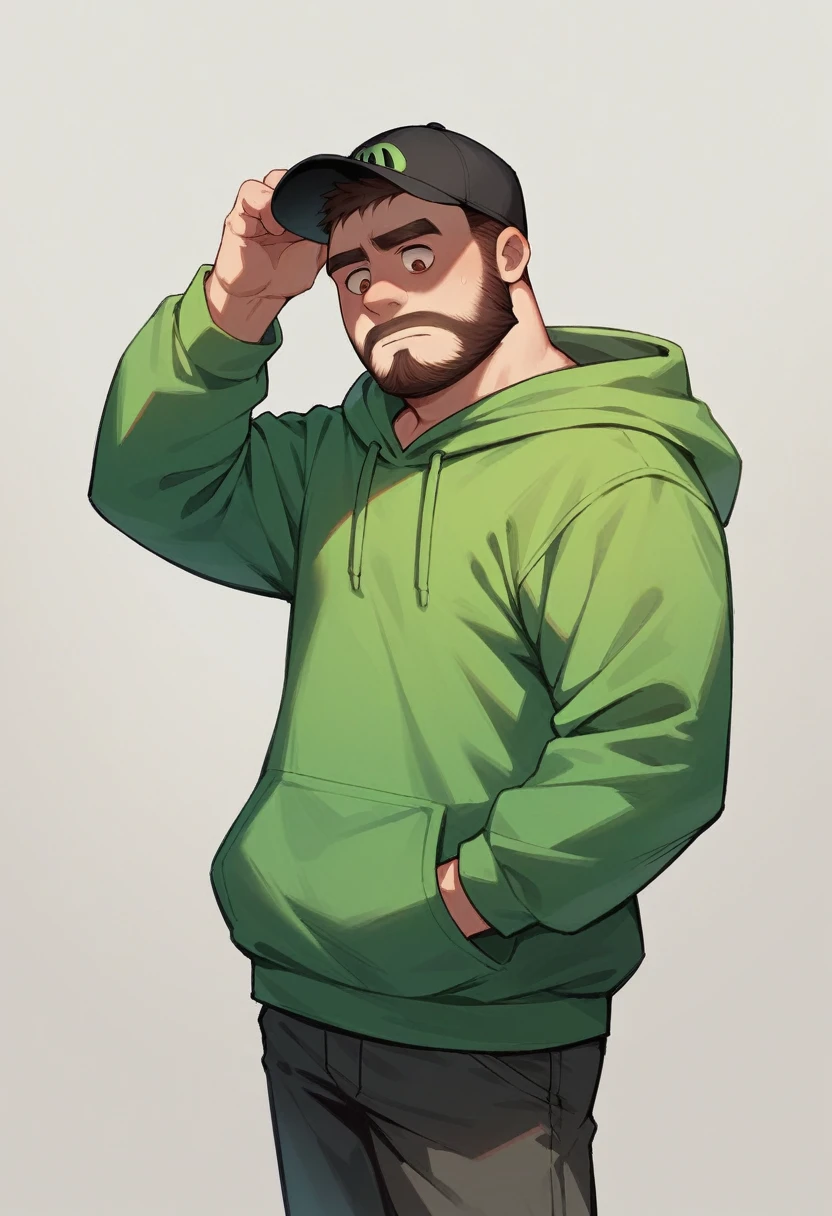 3D Pixar style young man looking down with a black cap and brim forward. Green hooded sweatshirt with drawstring. Medium beard all over the face. Brown eyes and short hair. The skin is white and the face is slightly plump. 