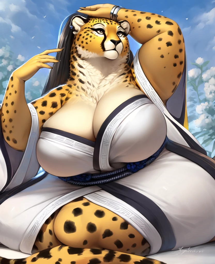 highres, top quality, best quality, paid reward available, High-quality illustrations, unparalleled masterpiece, perfect artwork, absurdres, Female cheetah, fat, fat belly, fat thighs, fat arms, lovehandles, big breasts, silver eyes, golden yellow fur, black cheetah markings, kimono, silver earrings, silver bracelets, silver rings, silver necklaces, detailed anime art, assorted facial expression, fully posable, neutral pose, extra detailed body, 5fingers, thinking pose, cool pose(highly detailed figure)complete detailed body,