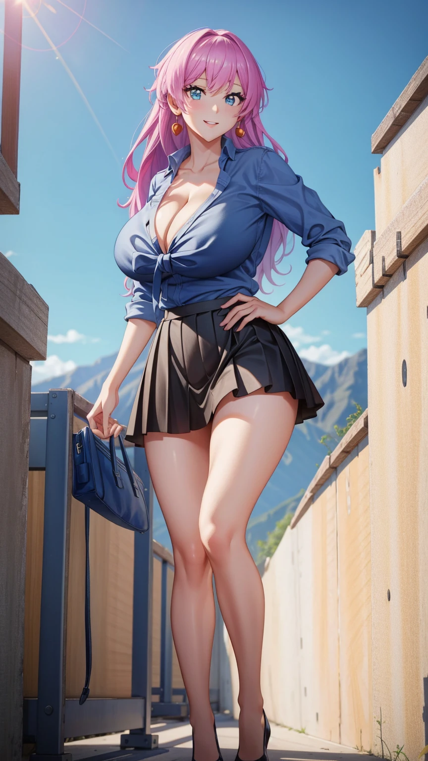 1 girl, very big breasts, very sexy body, 1 girl in, a smile, looks at the viewer, black shirt, super short white school miniskirt, full body, giant breasts, cleavage, giant breasts, heels, background in the mountains 1 girl , with big breasts. long legs QUEEN huge tits, (cleavage), high legs, (standing), sexy and muscular body. short skirt.4k hd