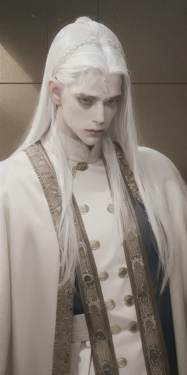 best qualityer, work of art,White hair, gold eyes,white  clothes, looking up, trunk,lock of hair,skin fair,side braids, naughty man, male, 8K