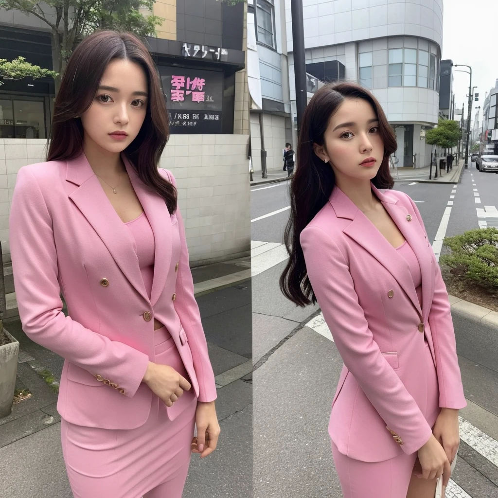 Front view,1 women,Anne-Marie Alto wear a tight pink suit, tight skirt ,looking at camera,25 years old, (((Anne-Marie Alto))), in the Tokyo city