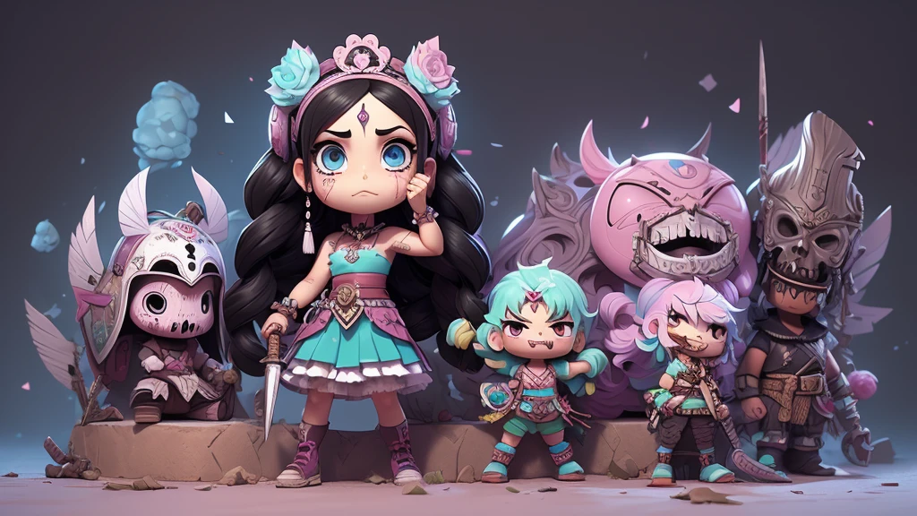 Black and white, zombie mayan warrior holding punk gothic weapons. black hair brunette, dream pastel anime. pastel kawaii tech colors, moecore. chibicore. Cute and soft shoujo anime style.