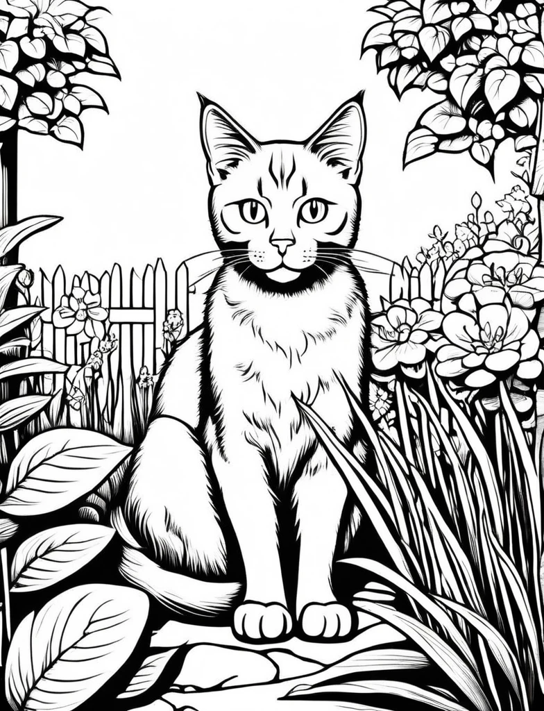 a cat in the garden, in cartton style to color