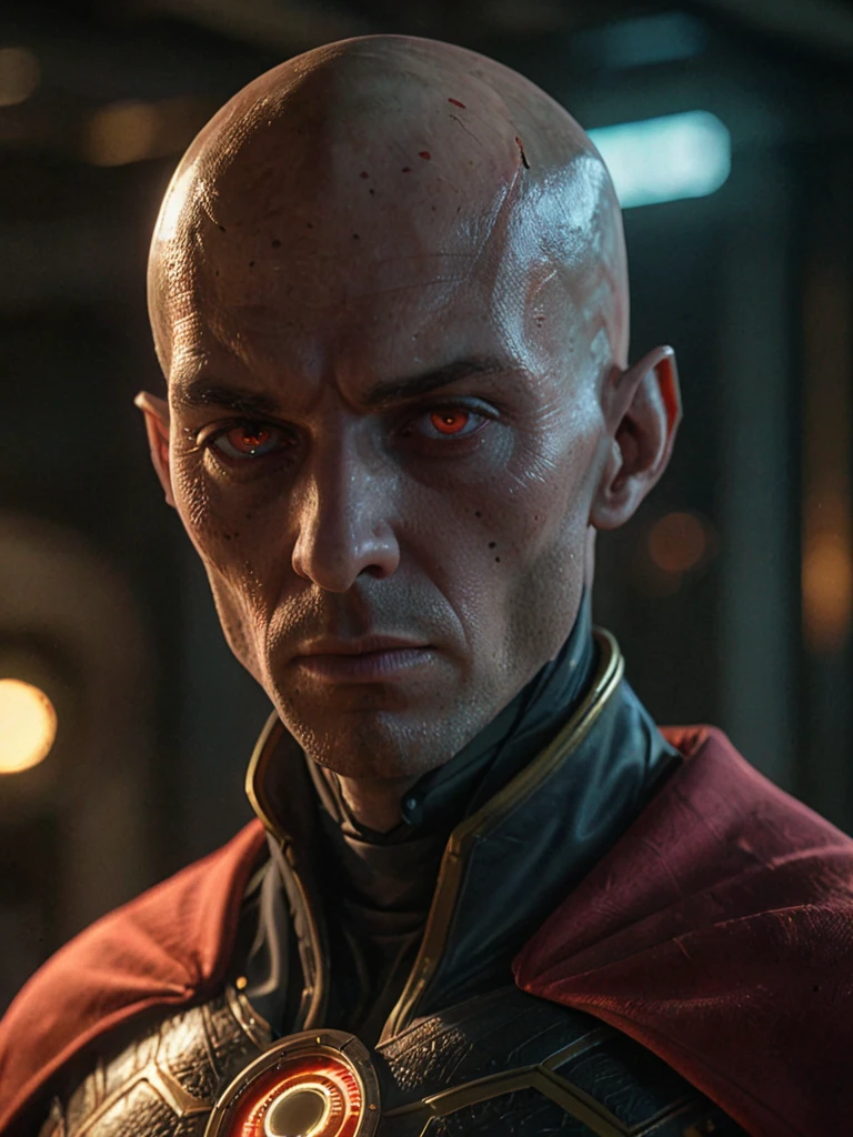 a highly detailed portrait of a distinguished alien character with orange/yellowish skin, a bald and elongated head, large and prominent eyes with an often arrogant expression, wearing a red cape and a uniform with a symbol on the chest, evoking a classic superhero aesthetic with an alien twist, 8k, ultra-detailed, photorealistic, cinematic lighting, dramatic shadows, rich color palette, intricate textures, sharp focus