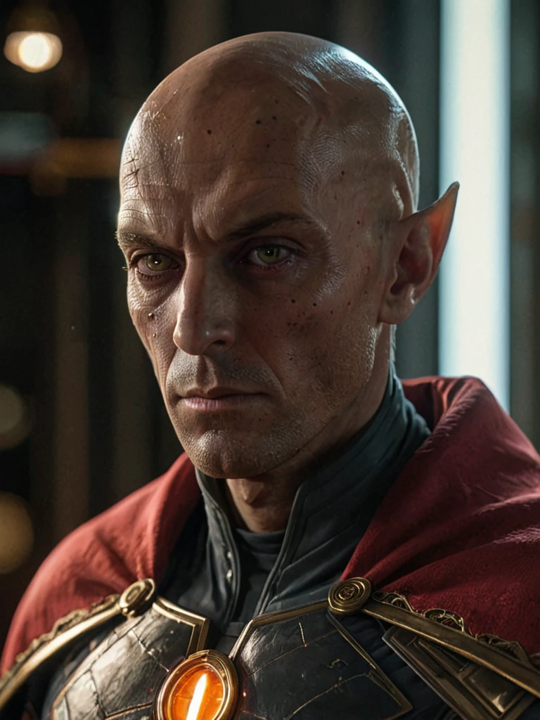 a highly detailed portrait of a distinguished alien character with orange/yellowish skin, a bald and elongated head, large and prominent eyes with an often arrogant expression, wearing a red cape and a uniform with a symbol on the chest, evoking a classic superhero aesthetic with an alien twist, 8k, ultra-detailed, photorealistic, cinematic lighting, dramatic shadows, rich color palette, intricate textures, sharp focus