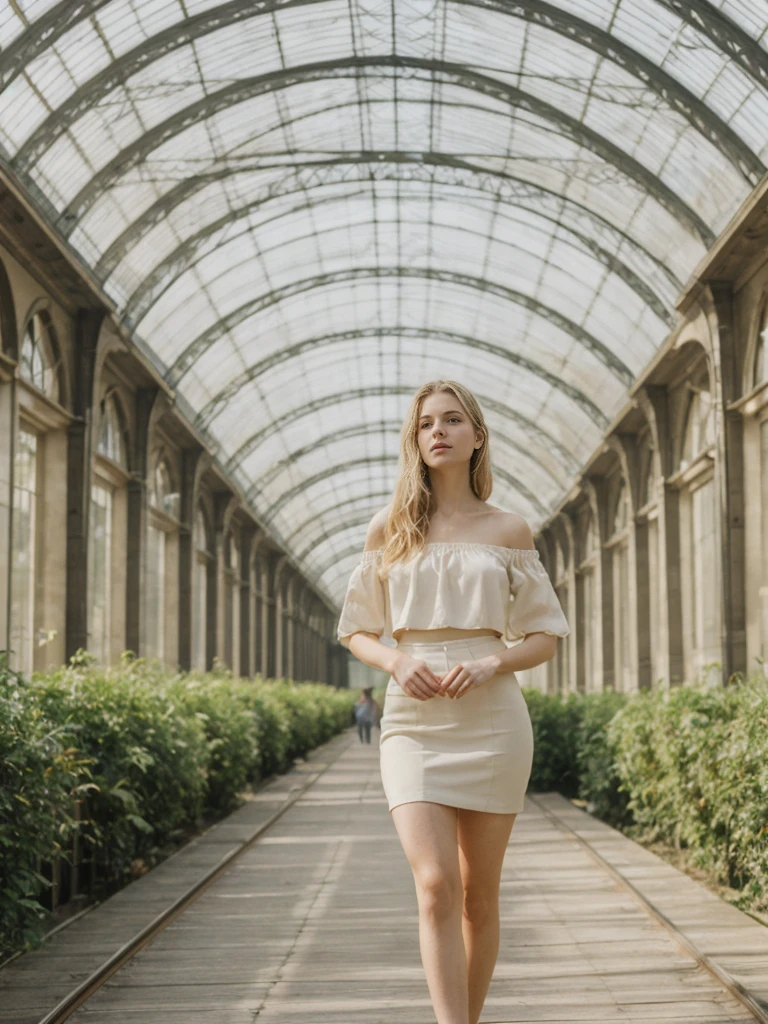 her name is Elle, high quality, 1girl, ((20-year-old fit Caucasian woman)), ((20 years old)), ((fit)), ((pale skin)), very short blonde colored hair , wearing Off-Shoulder Satin Blouse+ High-Waisted Pencil Skirt, pose: standing, background: The former railway station that is now the Musée d'Orsay houses stunning works of Impressionist art. You stand before Monet’s "Water Lilies," captivated by the play of light and color. The open space, filled with the sound of soft footsteps and whispers, along with the scent of polished wood and faint traces of paint, creates a serene and inspiring environment.