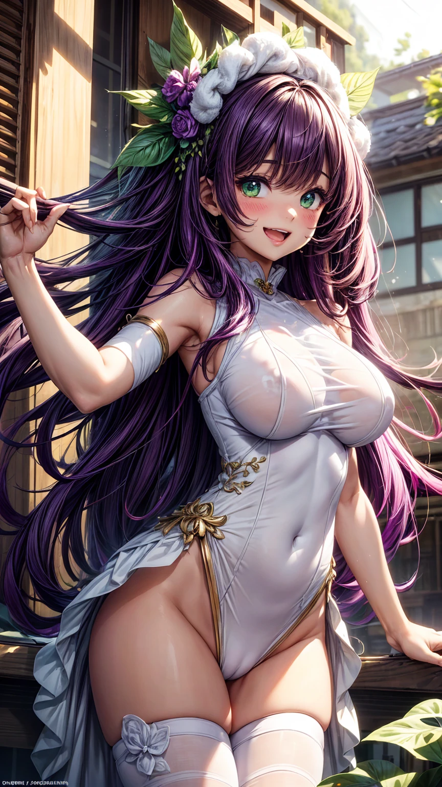 best quality)), ((masterpiece)), (detailed), (pertect cute face),15 year old Thai girl, long curly purple hair, green eyes, face covered in white cum, ultra huge tits, perfect sexy body, full body highlights, wearing a rainbow coloured one piece dress, no pants at all (so her pink pussy is exposed), lying on the west coast, laughing.