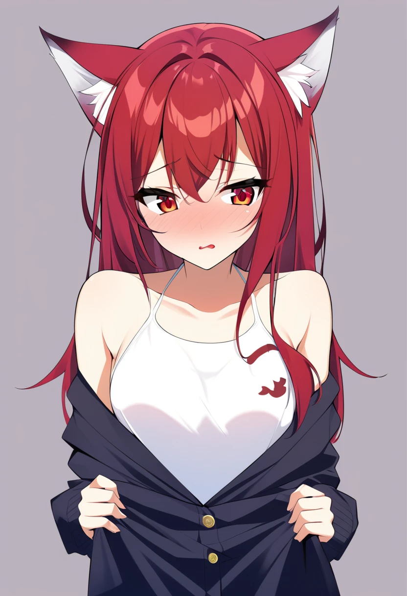one girl, wolf ears, shy, naive, cute, girl is falling in loye with me, stare at me, beautiful red eyes, energetic girl, school student, cool, seduce me, undressing