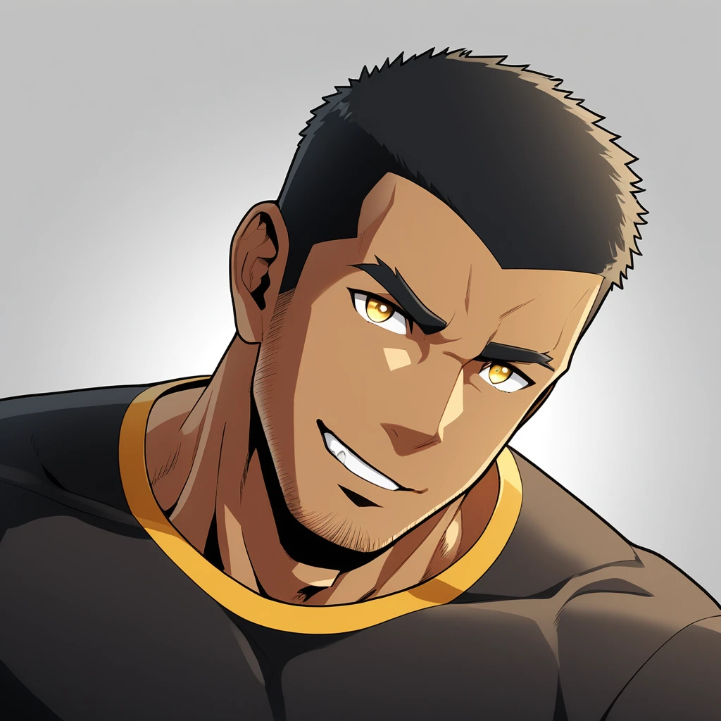 anime characters：Gyee, Young Muscle Sports Student, negro black skin, Buzz Cut, Manliness, male focus, Dark yellow 高领 long sleeve tight T-shirt, Slightly transparent texture, Very tight, Slightly transparent, muscular male, muscular, only, Upper body, alone, Black short hair, Thick eyebrows, stubble, Yellow eyes, Grey background, simple background, amazing quality, best aesthetics, Ridiculous, bright pupils, crew cut, parted lips, seductive smile, torogao, naughty face, best quality