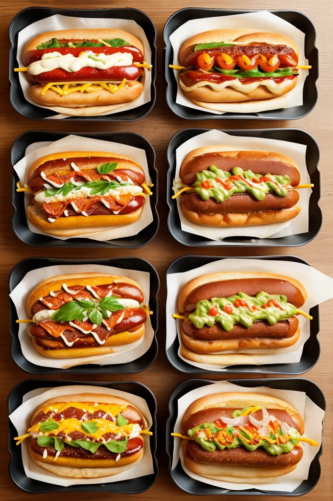 Create photo of 5 hot dogs in pizza box with fries 