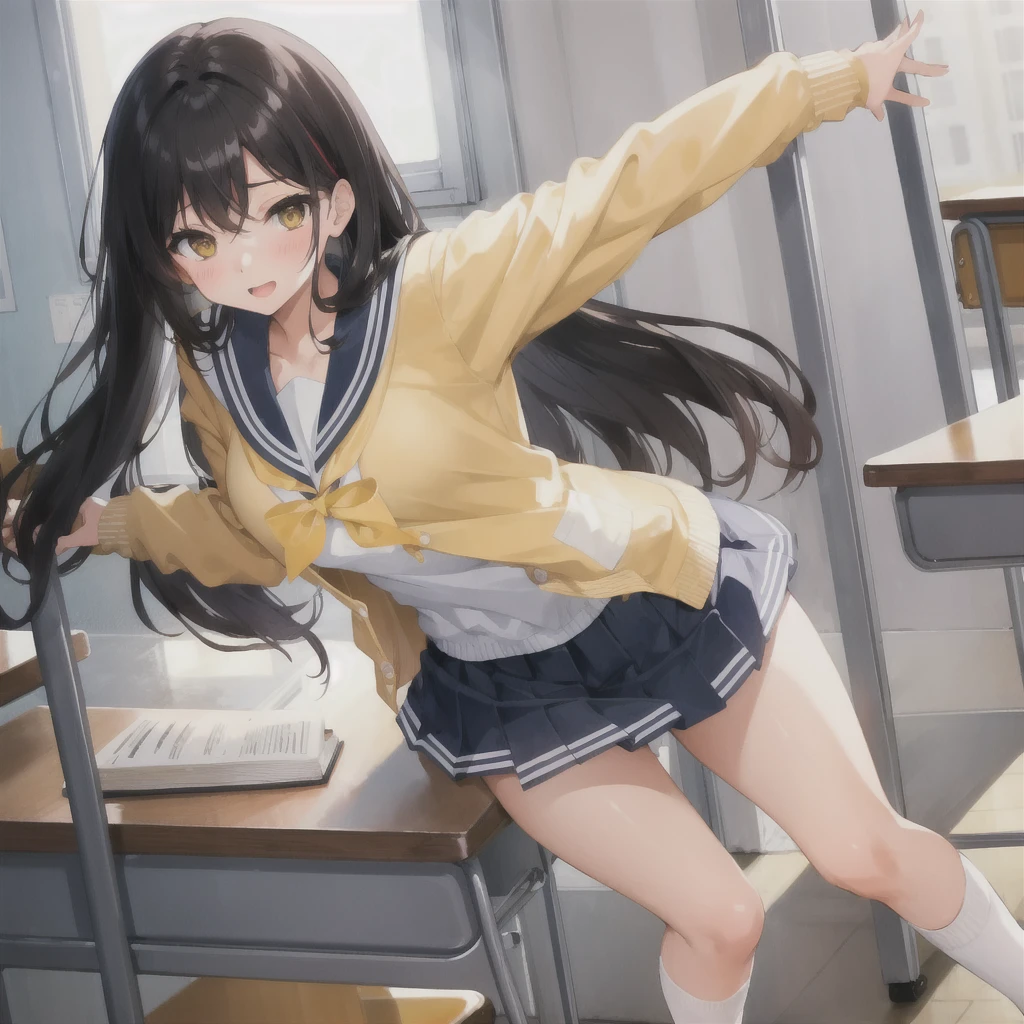 High school girl classroom gangbang creampie sex black hair short sailor uniform small breasts yellow cardigan