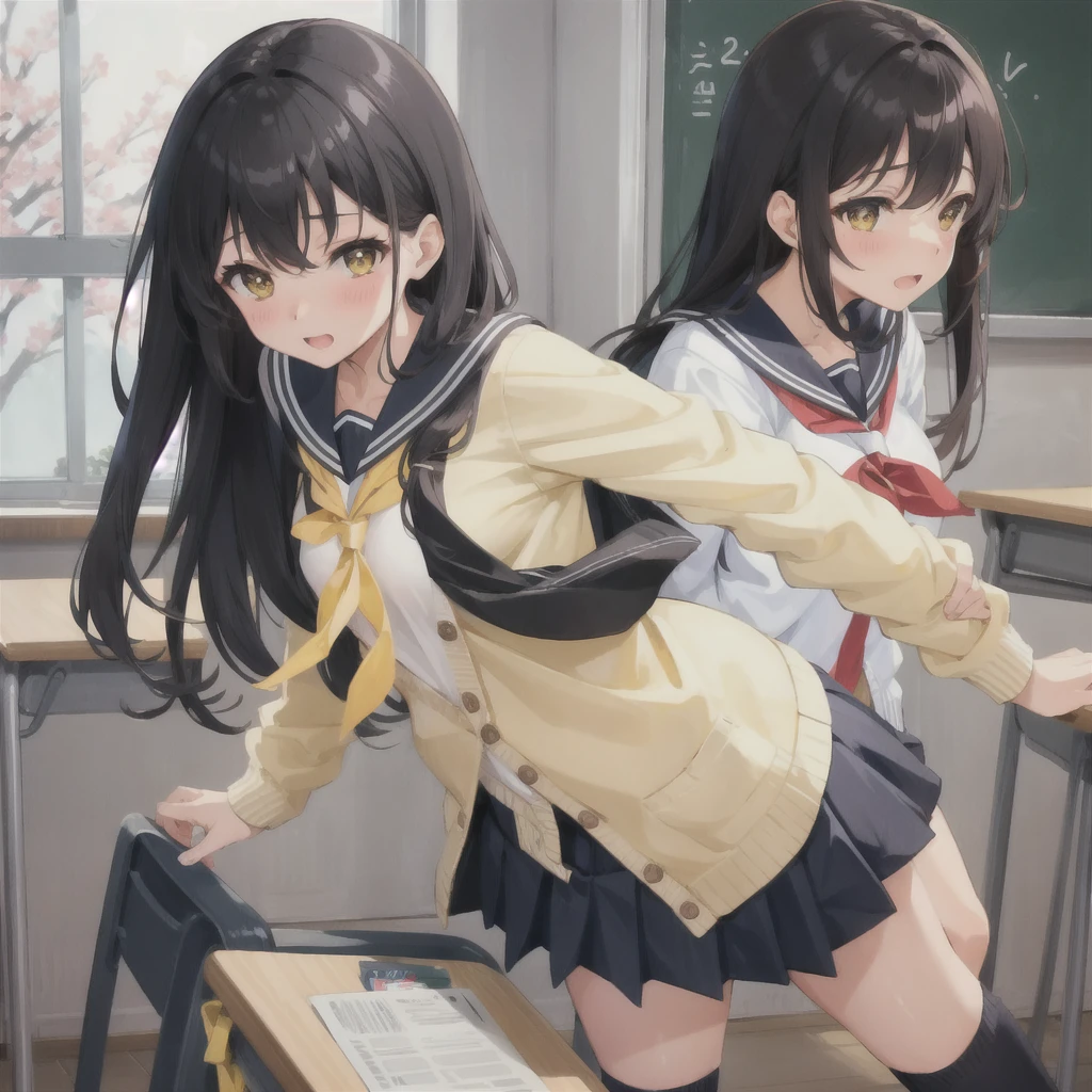 High school girl classroom gangbang creampie sex black hair short sailor uniform small breasts yellow cardigan