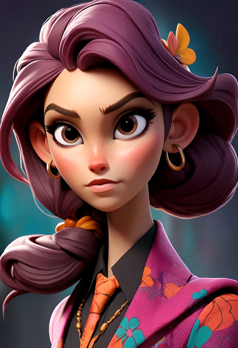 Commercial coordinator, a 35 year old woman, and she is 163 cm tall, your hair is wavy and purple and pink, falling just above the shoulders, often tied in a ponytail with a few loose strands framing your face, Her eyes are big, Ablaze, round-cropped, She has fair skin, your face is heart-shaped with high cheekbones and a pointed chin, She often wears colorful clothes with prints and textures that reflect her artistic, rock-oriented personality.,   she should be in another position so that her height can be seen.