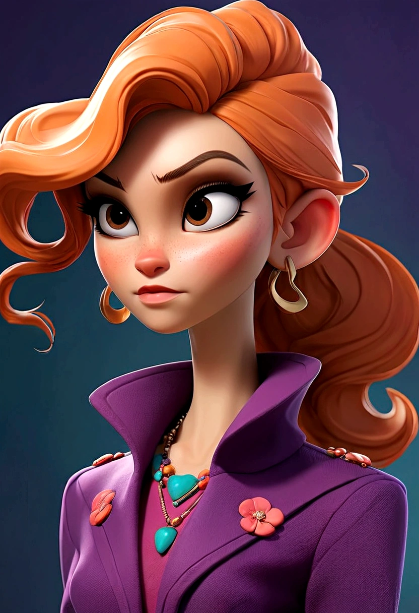 Commercial coordinator, a 35 year old woman, and she is 163 cm tall, your hair is wavy and purple and pink, falling just above the shoulders, often tied in a ponytail with a few loose strands framing your face, Her eyes are big, Ablaze, round-cropped, She has fair skin, your face is heart-shaped with high cheekbones and a pointed chin, She often wears colorful clothes with prints and textures that reflect her artistic, rock-oriented personality., she should be in another position so that her height can be seen.