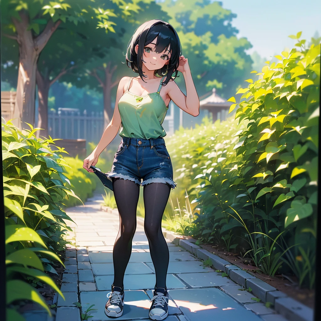 (high quality, High resolution, Very detailed, reality:1.37), Peaceful atmosphere, (Outdoor, garden), Teenage girl standing alone, (my breasts are big.), Beautiful details, Cute Smile, (Black bob hair), camisole, Denim shorts, Black tights, sneakers.