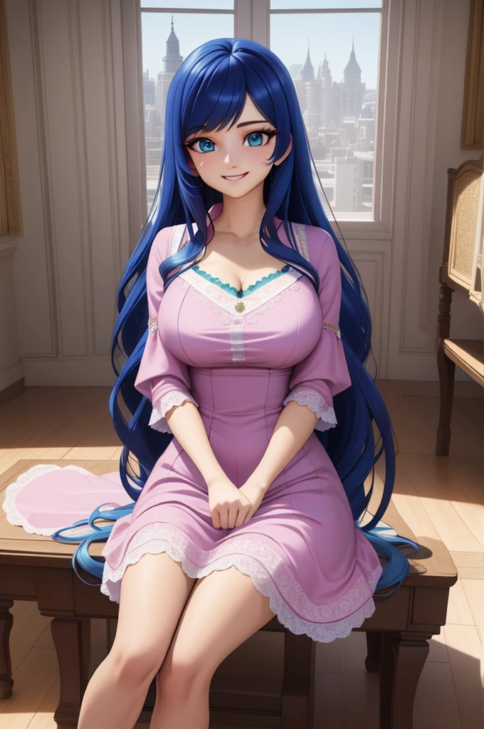 (8k, RAW photo, best quality, masterpiece:1.2), (intricate details), perfect eyes, perfect face, perfect lighting, beautiful, (masterpiece:1.2), (best quality:1.2), 1girl, solo, Marinette, blue hair, ((long loosen hair)), adult torso, 19 years old, slight smile, huge sized breasts, (pink dress), cowboy shot, 3DMM, sitting, front view