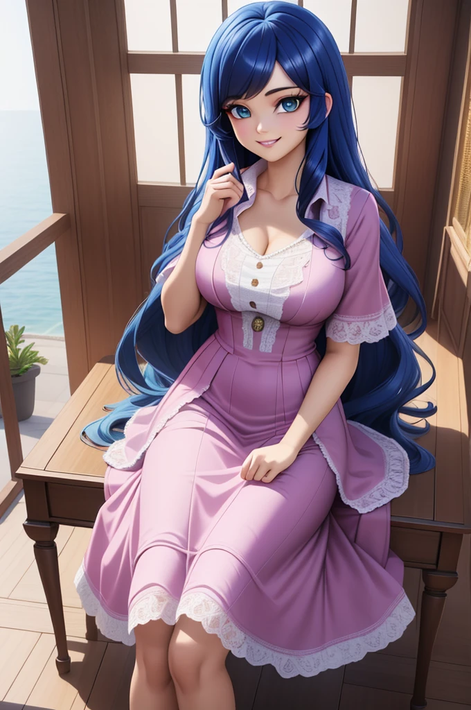 (8k, RAW photo, best quality, masterpiece:1.2), (intricate details), perfect eyes, perfect face, perfect lighting, beautiful, (masterpiece:1.2), (best quality:1.2), 1girl, solo, Marinette, blue hair, ((long loosen hair)), adult torso, 19 years old, slight smile, huge sized breasts, (pink dress), cowboy shot, 3DMM, sitting, front view