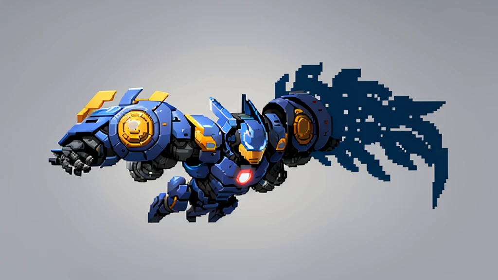 white background, ultra detailed, game protagonist, pixel art, humanoid dark blue mecha robot character with giant limbs using a cloak and floating like ironman, from sidescroller game
