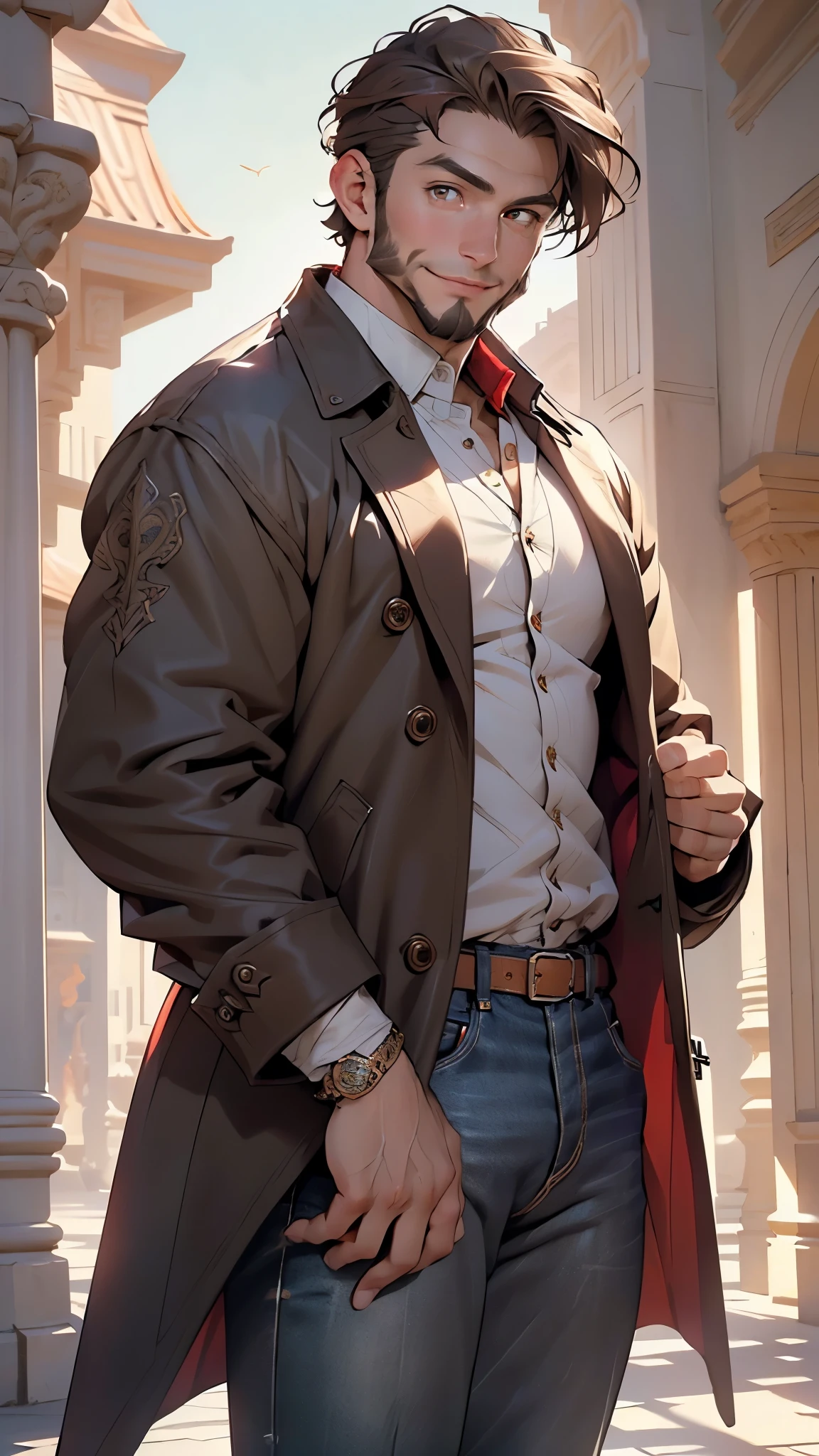 (male:1.5), muscle, 1boy, big muscle, pectoral, muscular, Mature man,45 year old man,adult,1 man, old macho man,an extremely detailed face, (((brown_eyes:1.3))),intricate eyes,beautiful detailed eyes,symmetrical eyes,short hair,(((red very short beard, red very short beard))), brown eyes, red hair,perfect face, red hair, nice hair style,(perfect hands, five fingers), ((detailed face)),
smile,
(ultra-detailed:1.3), beautiful detailed glow, finely detailed, ultra-detailed,
arabian,elegant,
(open coat, arabian fashion,arabian coat, jeans,white shirt, masculine features, modern style,arabian clothes),(((dark brown coat, dark brown coat outfit, wearing a dark brown coat:1.3,arabian dark brown coat))),(arabian jewelry,intricate necklace),((bulge in pants)),(((intricate outfit,intricate clothes,ornate outfit))),
(dynamic pose:1.0),embarrassed,(centered,scale to fit dimensions,Rule of thirds),
indoors,(huge columns of an Arab palace,arab palace,arab palace background),scenery,extremely scenery,arab style,
(Glossy winter ornaments),highres,sharp focus,(ultra detailed,extremely detailed),(photorealistic artwork:1.37),(extremely detailed CG unity 8k wallpaper),(((vibrant colors,vibrant theme))),(intricate),(masterpiece),(best quality),artistic photography,(photography taken by sldr),(intricate background),perfect rendered face,perfect face details,realistic face,photo realistic,((intricate detail)),(((realism))),