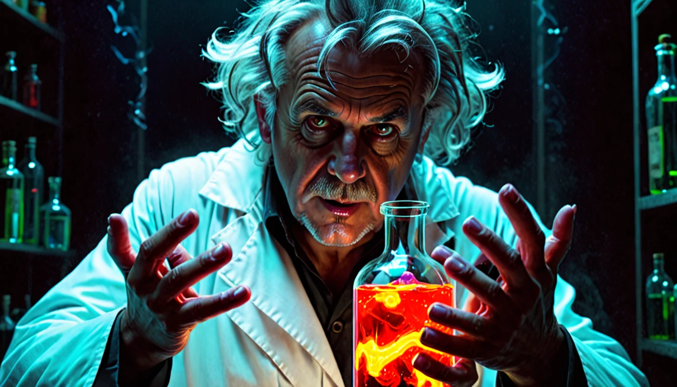 Mad scientist man from the front, hands in front, big teats, detailded, num horror atmosphere, HD, ultrarealistic, holding a glass bottle with neon spell