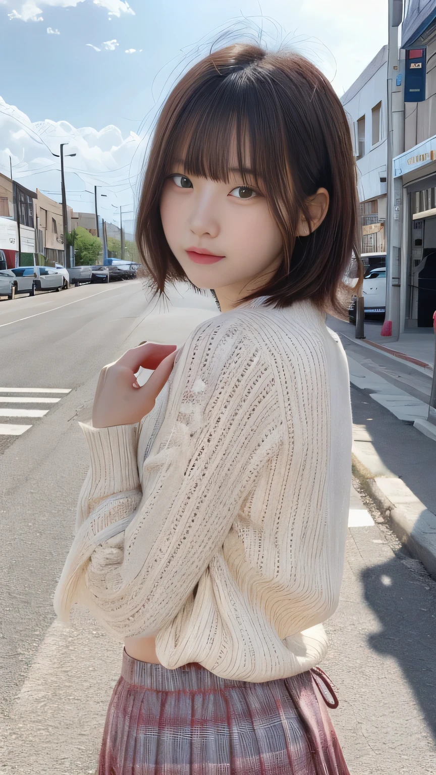 top-quality, masutepiece, High Definition, 16k image, Low contrast、dark realistic lighting、Beautiful junior high school student、wearing an oversized sweater1:1、 (Hidden Face), (buttock)、Slender big, Plump arms、(breasts pocket)、(Rocket Tits), Constricted waist, Looking away, Boobs that are about to overflow, Residential area in a narrow countryside, (thick legs)
