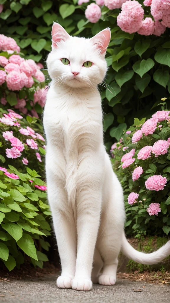 A highly realistic and high-definition photo-like image of a white cat standing on its twolegs. The cat has bright green eyes and a pink nose. The background is a garden with soft, natural lighting, and there are delicate pink flowers around. The cat looks curious and slightly surprised, with its paws slightly outstretched. The image should capture the texture of the cat's fur and the details of the surroundings in a very lifelike manner.
