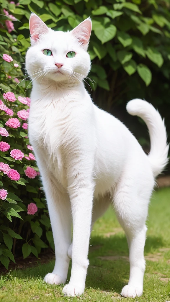A highly realistic and high-definition photo-like image of a white cat standing on its twolegs. The cat has bright green eyes and a pink nose. The background is a garden with soft, natural lighting, and there are delicate pink flowers around. The cat looks curious and slightly surprised, with its paws slightly outstretched. The image should capture the texture of the cat's fur and the details of the surroundings in a very lifelike manner.