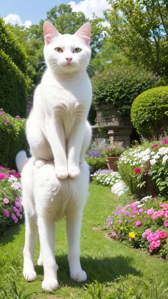 A highly realistic and high-definition photo-like image of a white cat standing on its twolegs. The cat has bright green eyes and a pink nose. The background is a garden with soft, natural lighting, and there are delicate pink flowers around. The cat looks curious and slightly surprised, with its paws slightly outstretched. The image should capture the texture of the cat's fur and the details of the surroundings in a very lifelike manner.